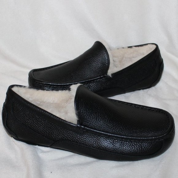 NIB ASCOT‎ MEN'S LEATHER SHEARLING LINED SLIPPERS BLACK - Picture 1 of 8